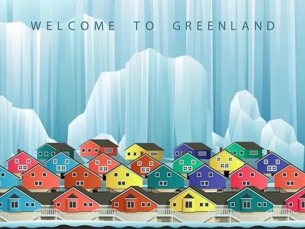 Illustration einer grönländischen Stadt mit hellen Häusern. Vektorwinterlandschaft. — Stockvektor