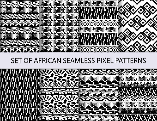 Коллекция пиксельных бесшовных узоров с африканским этническим и племенным орнаментом
.