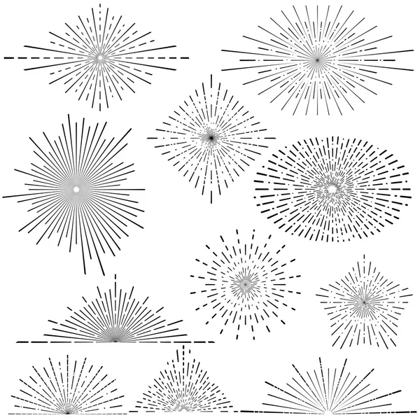 Set van vintage handgetekende sunbursts in verschillende vormen — Stockvector