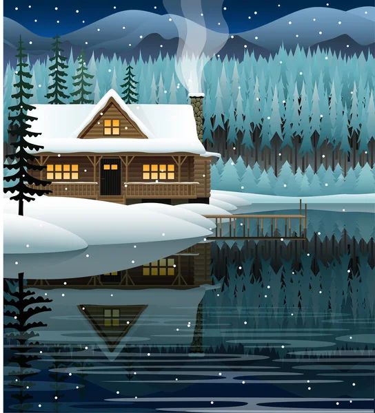 Vetor paisagem de inverno com lago de montanha —  Vetores de Stock