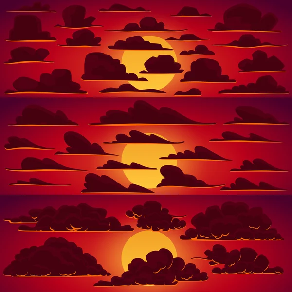 Colección de nubes de dibujos animados vectoriales en colores atardecer con cielo rojo y sol — Vector de stock