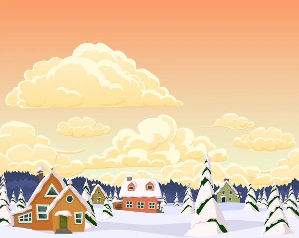 Vector winter landscape with village and trees — Stock Vector