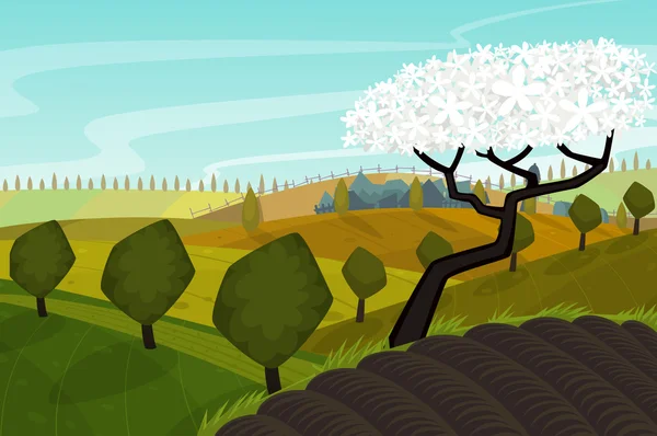 Vector paisaje primaveral con campos verdes — Vector de stock