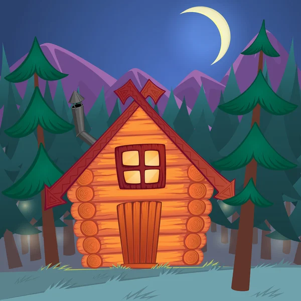 Vector cartoon wooden little shack in the night woods — Stock Vector