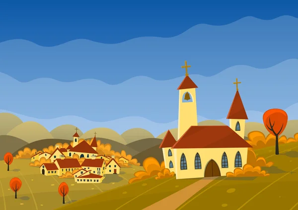 Vektorherbstlandschaft mit Hügeln, Dorf und Kirche. — Stockvektor