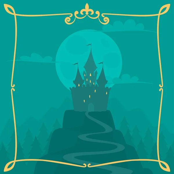 Vecteur carré fond de dessin animé avec château sur la colline — Image vectorielle