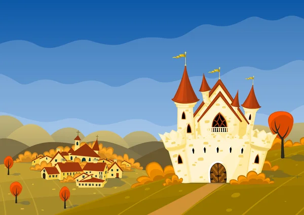 Vector autumn landscape with village and castle. — Stock Vector