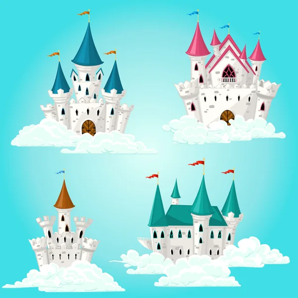 Collection of vector cartoon fairytale castle in clouds — Stock Vector