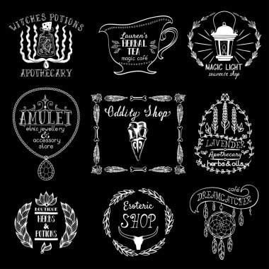 Set of labels for oddity shops and esoteric places. Vector illustration. clipart