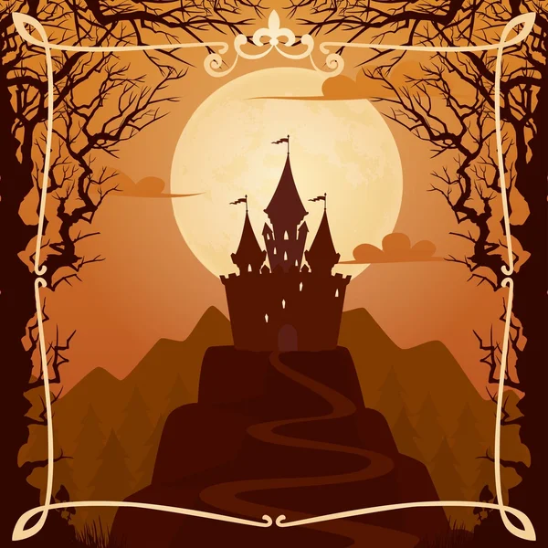 Vector square cartoon background with castle on the hill and calligraphic frame.