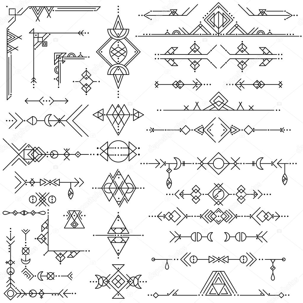 Collection of vector geometric line art design elements. Tribal style.