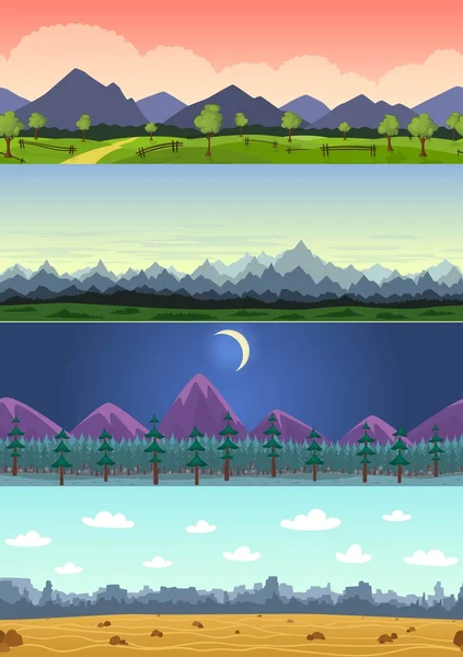 Vector parallax landscape cartoon seamless backgrounds set. — ストックベクタ