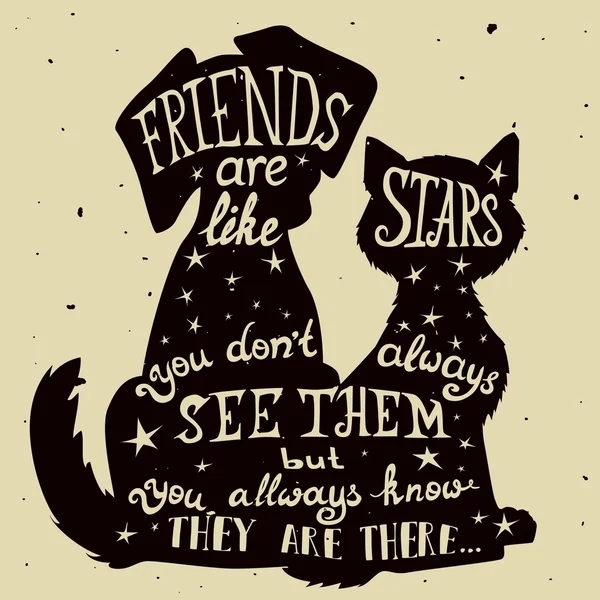 Cat and dog friends grungy card for Friendship Day with quote. Lettering greeting cards for all holidays series. — Wektor stockowy