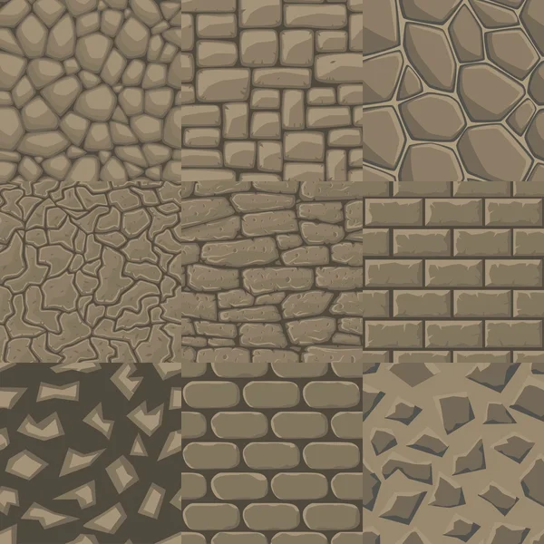 Vector cartoon stone wall seamless texture collection of 9 patterns.