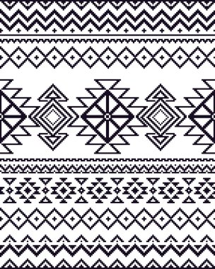 Monochrome seamless background with pixel pattern in aztec geometric tribal style. Vector illustration.