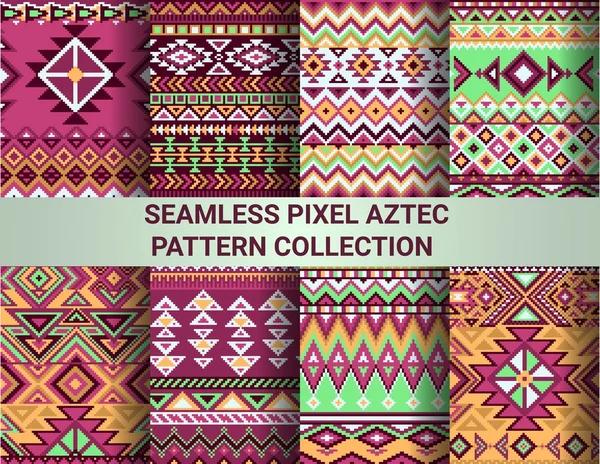 Collection of bright seamless pixel patterns in tribal style. Aztec geometric triangle and chevron patterns. — Stockvector