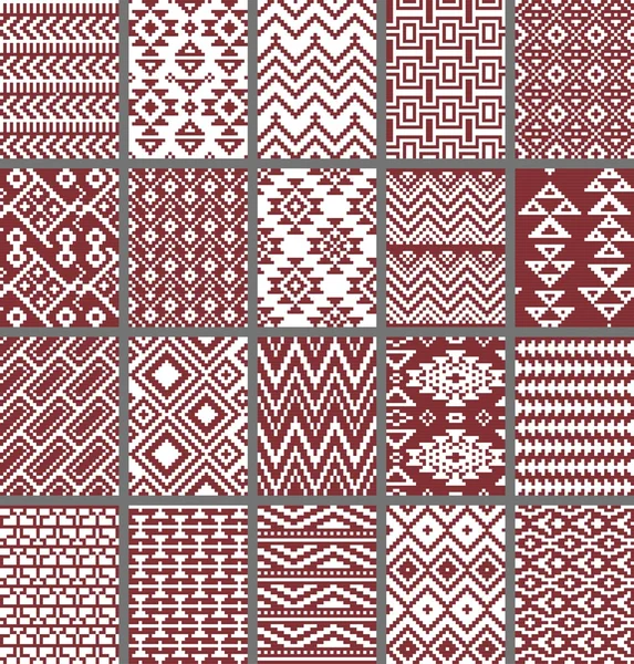 Colección de patrones de píxeles sin costura monocromáticos en estilo tribal geométrico azteca. Ilustración vectorial . — Vector de stock