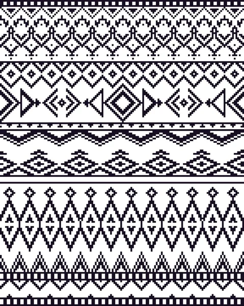 Monochrome seamless background with pixel pattern in aztec geometric tribal style. Vector illustration. — Stok Vektör
