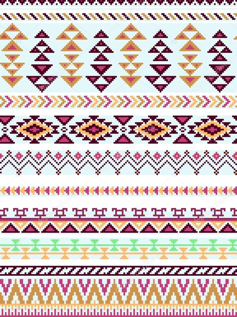 Bright seamless background with pixel pattern in tribal style. Aztec geometric triangle and chevron patterns.