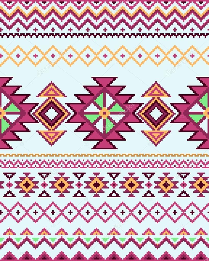 Bright seamless background with pixel pattern in aztec geometric tribal style. Vector illustration.