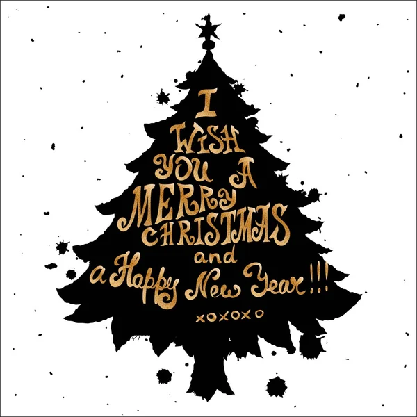 Rough black and gold Christmas card with pine tree and quote. Lettering greeting cards for all holidays series. — Stockový vektor