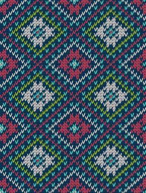 Knitted bright seamless winter holiday pattern with stylized nordic sweater ornament. Clothing design. Vector illustration.