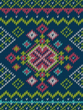 Knitted bright seamless winter holiday pattern with stylized nordic sweater ornament. Clothing design. Vector illustration.