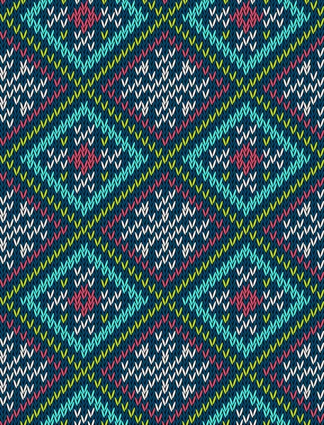Knitted bright seamless winter holiday pattern with stylized nordic sweater ornament. Clothing design. Vector illustration. — ストックベクタ