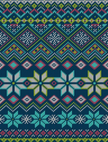 Knitted bright seamless winter holiday pattern with stylized nordic sweater ornament. Clothing design. Vector illustration. — Stockový vektor