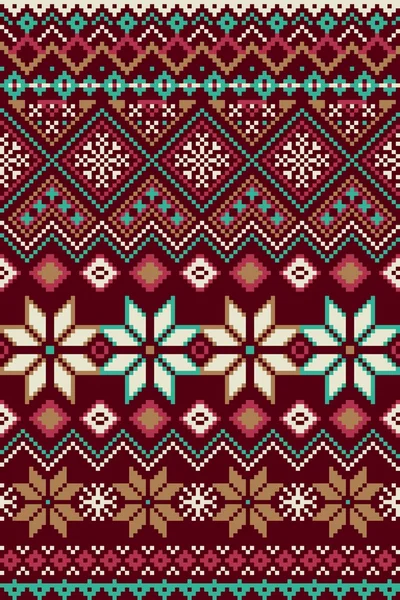 Pixel brillante patrón sin costuras con adorno nórdico de invierno estilizado. Ilustración vectorial . — Vector de stock