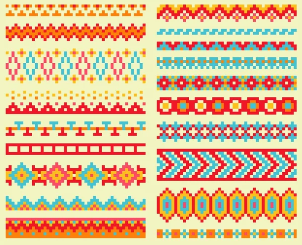 Collection of bright pixel brushes in tribal style. Aztec geometric triangle and chevron patterns — Stock Vector
