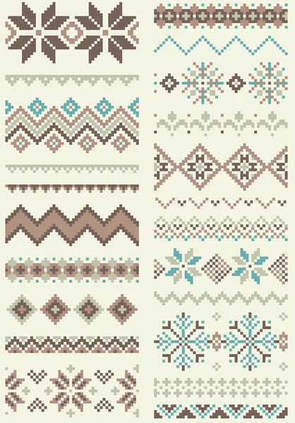 Collectie van pixel retro borstel sjablonen met gestileerde winter Nordic sieraad. Vectorillustratie. — Stockvector