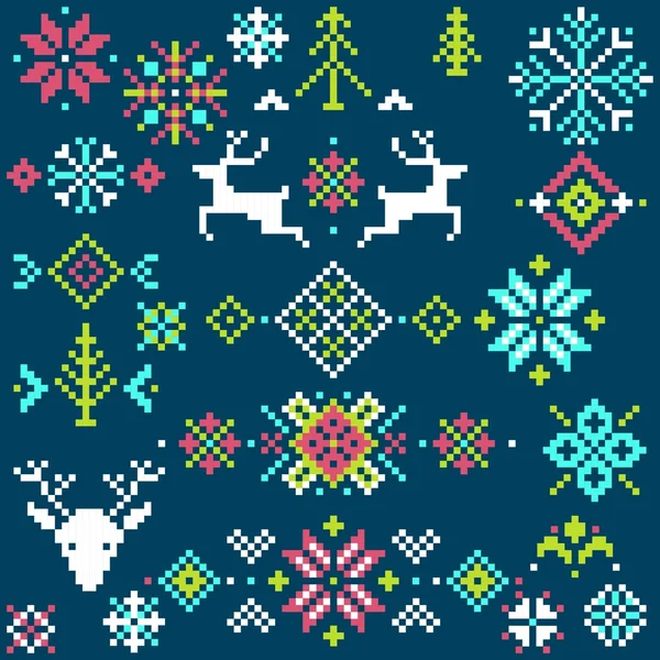 Collection of pixel elements for winter Nordic ornament. Vector illustration — Stok Vektör