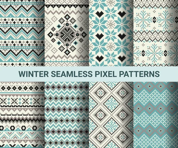 様式化された冬北欧飾りピクセル レトロなシームレス パターンのコレクションです。ベクトル図. — ストックベクタ