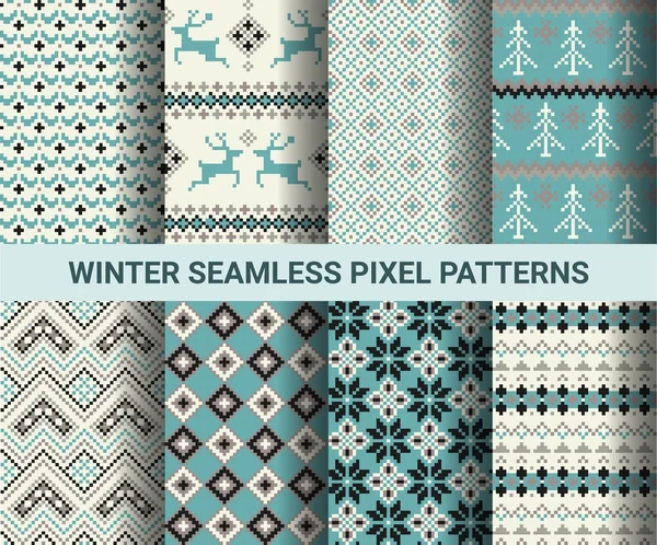 Συλλογή από pixel ρετρό άνευ ραφής μοτίβα με στυλιζαρισμένη χειμώνα σκανδιναβικές στολίδι. Vector εικονογράφηση. — Διανυσματικό Αρχείο