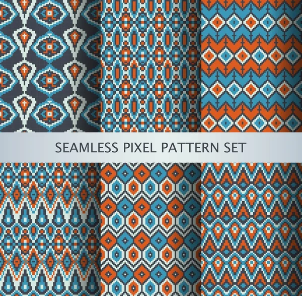 Sammlung pixeliger, farbenfroher, nahtloser Muster mit stilisiertem grönländischen Nationalornament. Vektorillustration. — Stockvektor