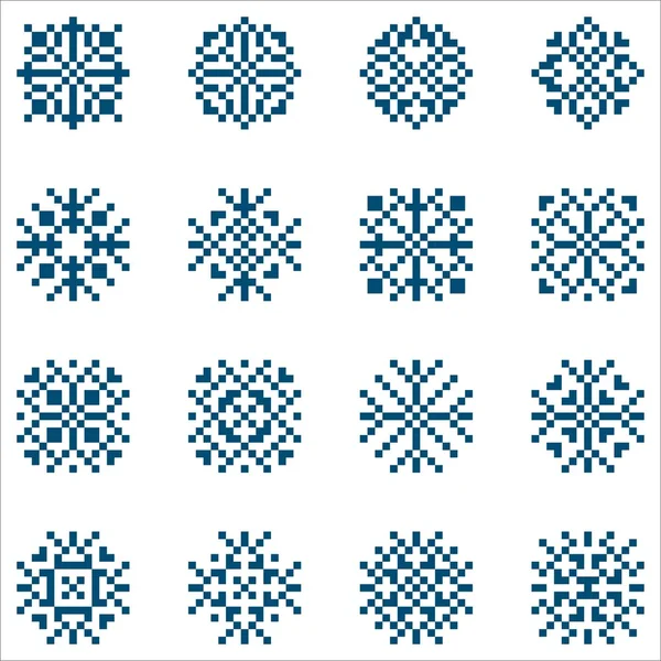 Conjunto vectorial de copos de nieve de píxeles para patrones, tejidos y bordados . — Vector de stock