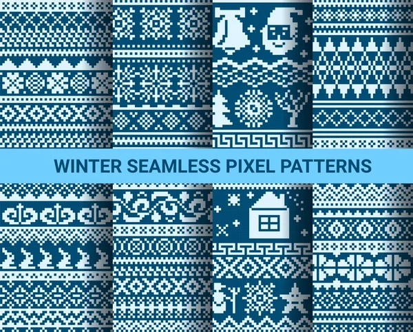 Collection of monochrome seamless pixel patterns with Christmas winter ornament. Vector illustration. — Stok Vektör