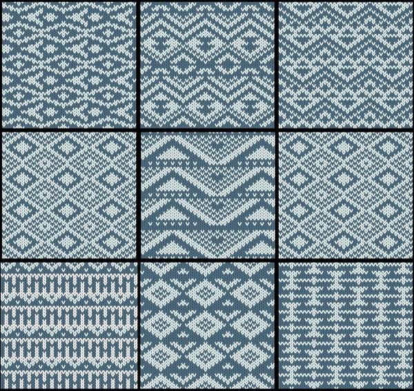 Collection of monochrome seamless knitted patterns with geometric ornament. Vector illustration. — Διανυσματικό Αρχείο