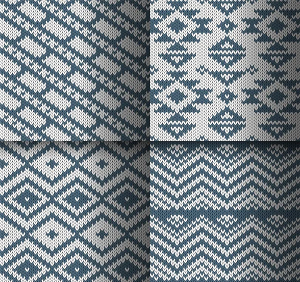 Collection of monochrome seamless knitted patterns with geometri — Stockvector