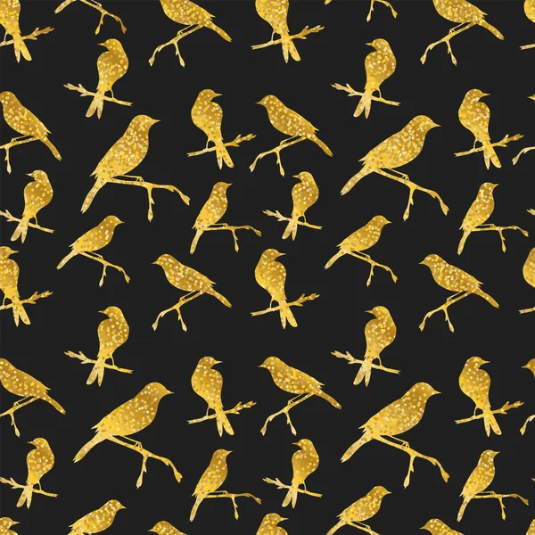 Seamless pattern with golden glittery birds on black. Vector illustration. — 图库矢量图片