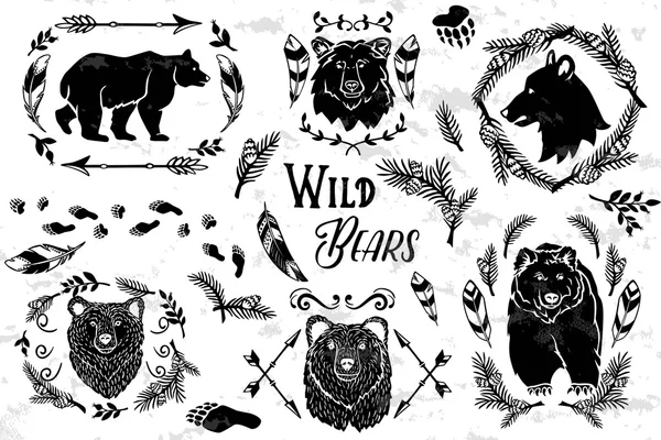 Collection of rustic decorative bears with floral design element — Stock Vector