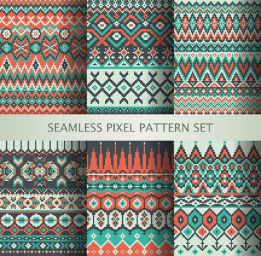 Collection of pixel colorful seamless patterns with stylized Greenland national ornament. Vector illustration. clipart