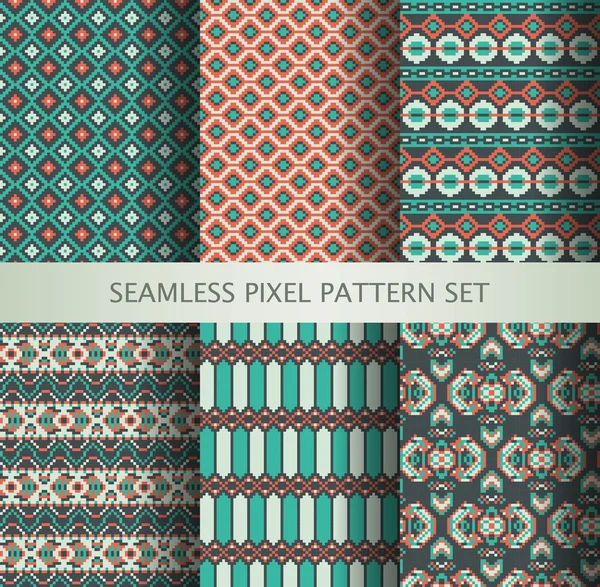 Sammlung pixeliger, farbenfroher, nahtloser Muster mit stilisiertem grönländischen Nationalornament. Vektorillustration. — Stockvektor