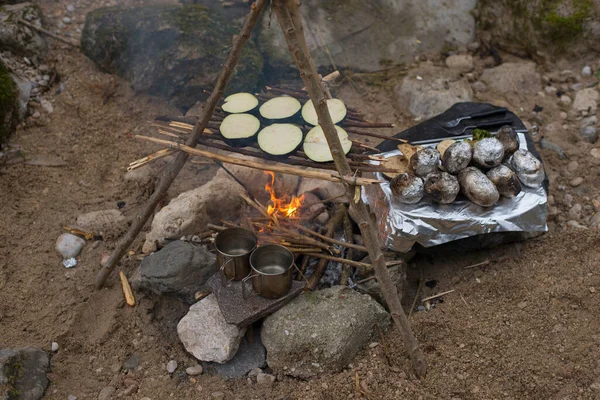Açık Havada Sebze Pişirmek Doğada Kamp Yapmak Tütsülenmiş Sebze — Stok fotoğraf
