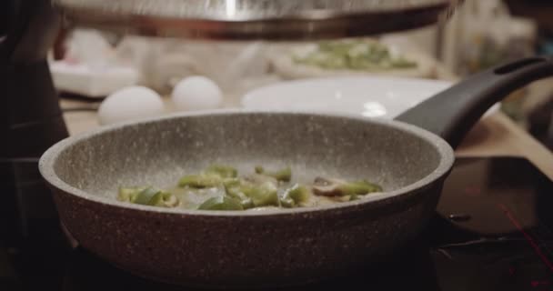 Pörkölt Zöldség Serpenyőben Házi Főzés Közben Zöldpaprika Gomba Vegetáriánus Recept — Stock videók