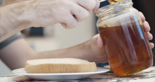 Spreading Honey Slice Bread Healthy Breakfast — Stock Video