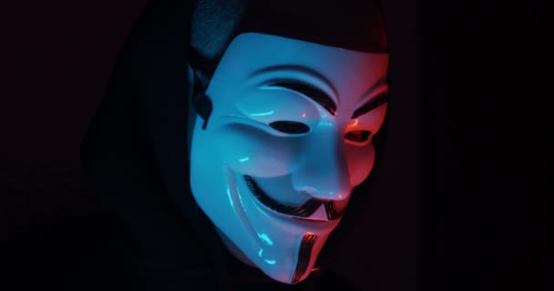 Anonymous Masked Man Doing Cyber Crimes Night — Stock Video