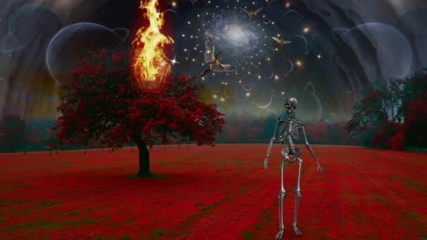 Skelett in surrealer Landschaft — Stockvideo