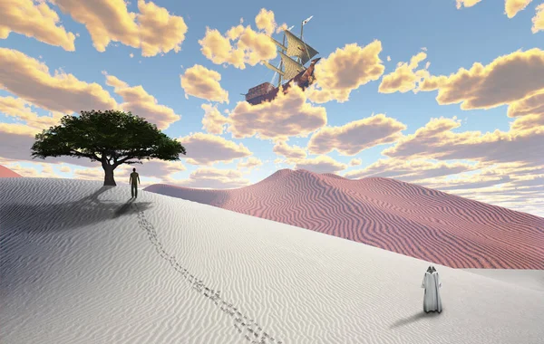 Surrealistická bílá poušť s figurkou v plášti — Stock fotografie